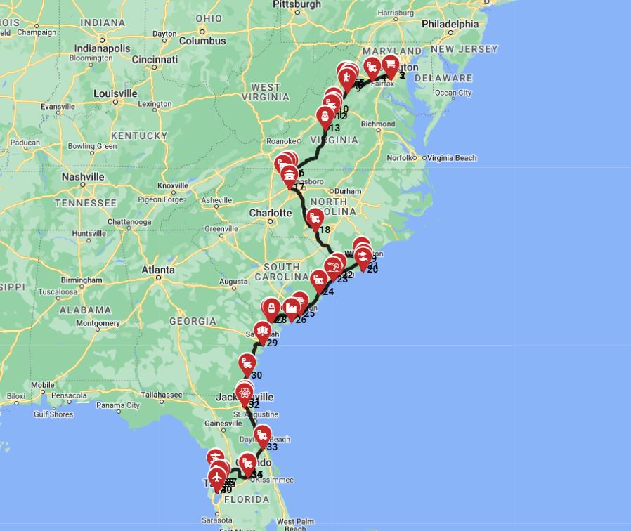 Map for Washington DC to Tampa